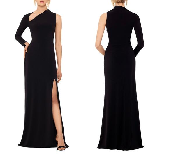 Betsy & Adam Dresses & Skirts - Betsy & Adam Black Asymmetrical Neck One Sleeve Long Slit Evening Gown Size 10